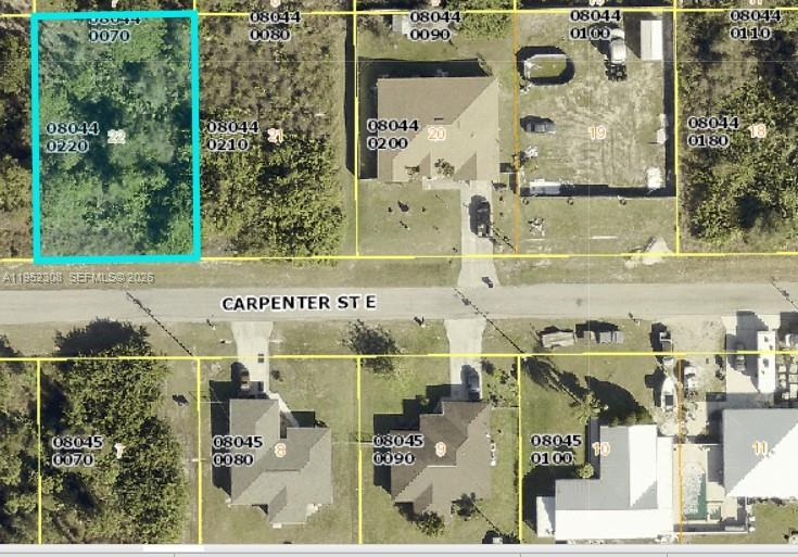 This is an aerial map showing a vacant, wooded lot highlighted in blue along a street — 859 Carpenter St E, Lehigh Acres FL 33974, LEHIGH ACRES, FL