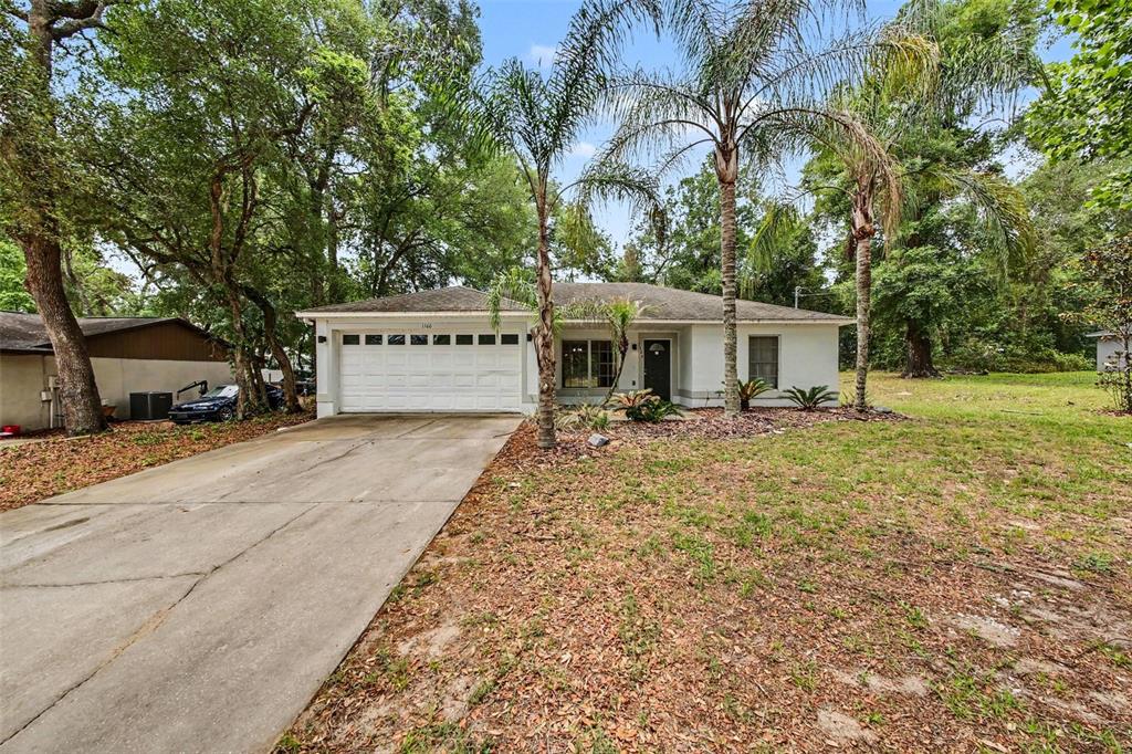 A single-story house with a white exterior, a two-car garage, and palm trees in front — 1166 15TH STREET, ORANGE CITY, FL