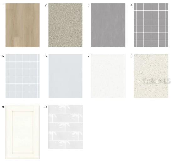 This image is a digital rendering of ten interior design finish samples for a home — 7524 MOONBEAM AVENUE, SARASOTA, FL