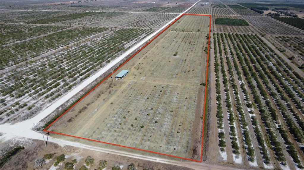An aerial view shows a rectangular plot of land with young trees and a shed — NE HWY 70, ARCADIA, FL