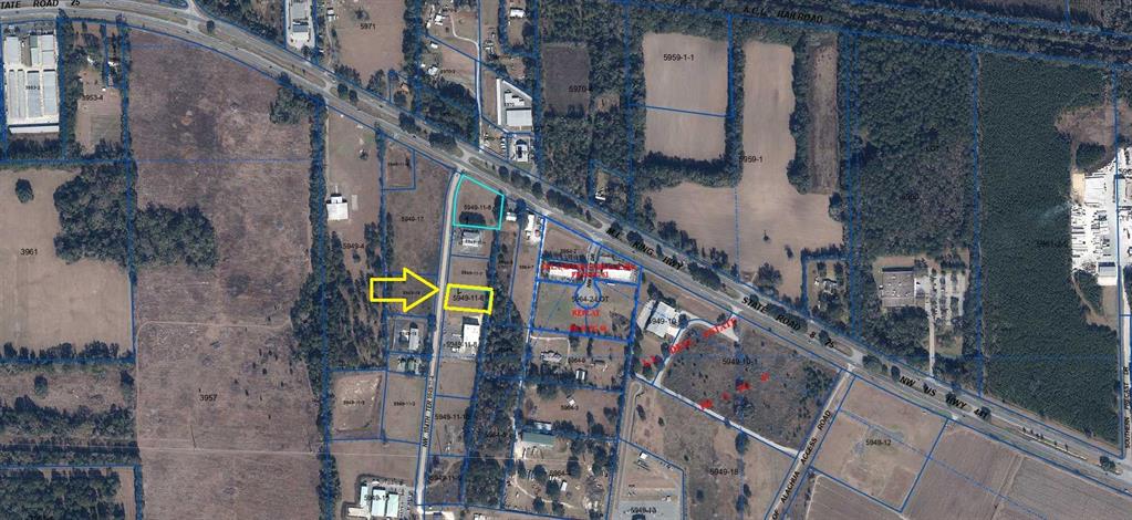 This is an aerial map showing property parcel boundaries and surrounding land use — NW 104TH TERRACE, ALACHUA, FL