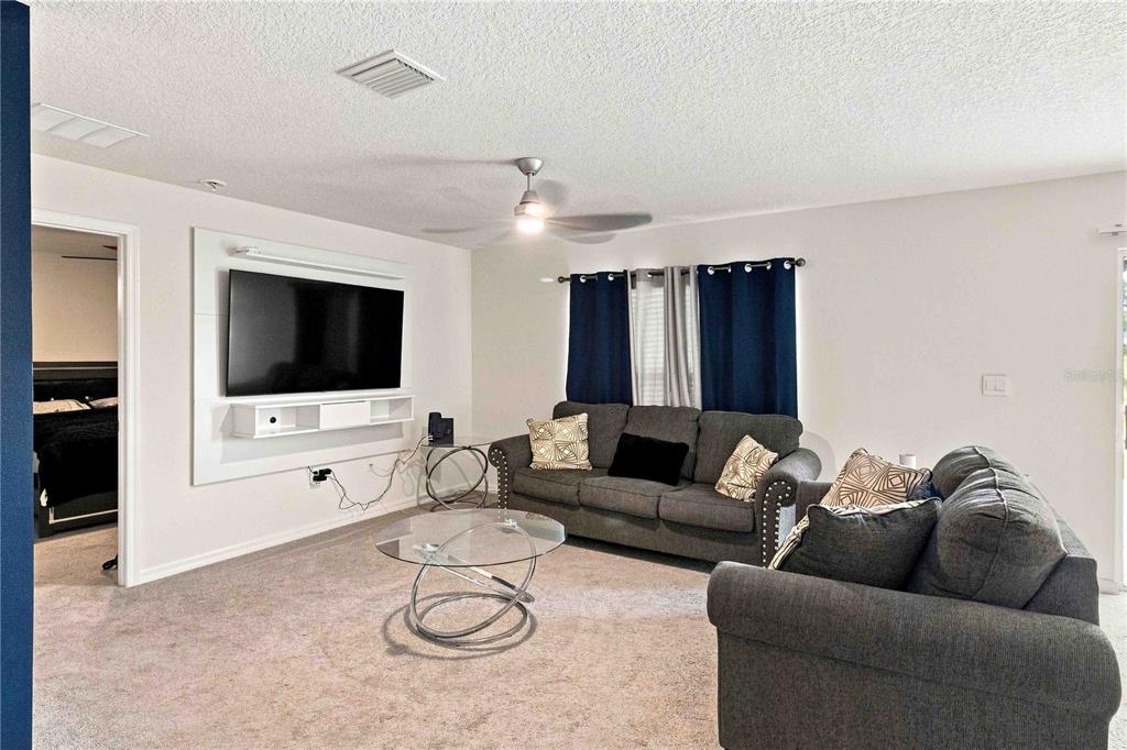 A living room features gray carpet, a dark sofa, a glass coffee table, and wall-mounted television — 2496 RIM DRIVE, SPRING HILL, FL