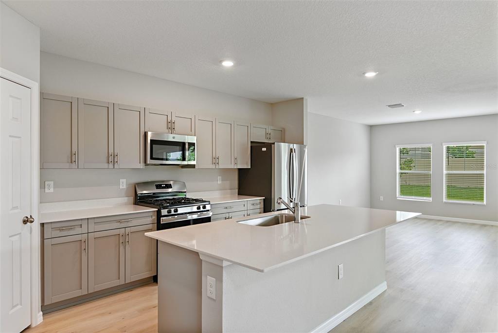 A kitchen features light gray cabinets, stainless steel appliances, and a central quartz-topped island — 34993 ARBOR RETREAT DRIVE, DADE CITY, FL