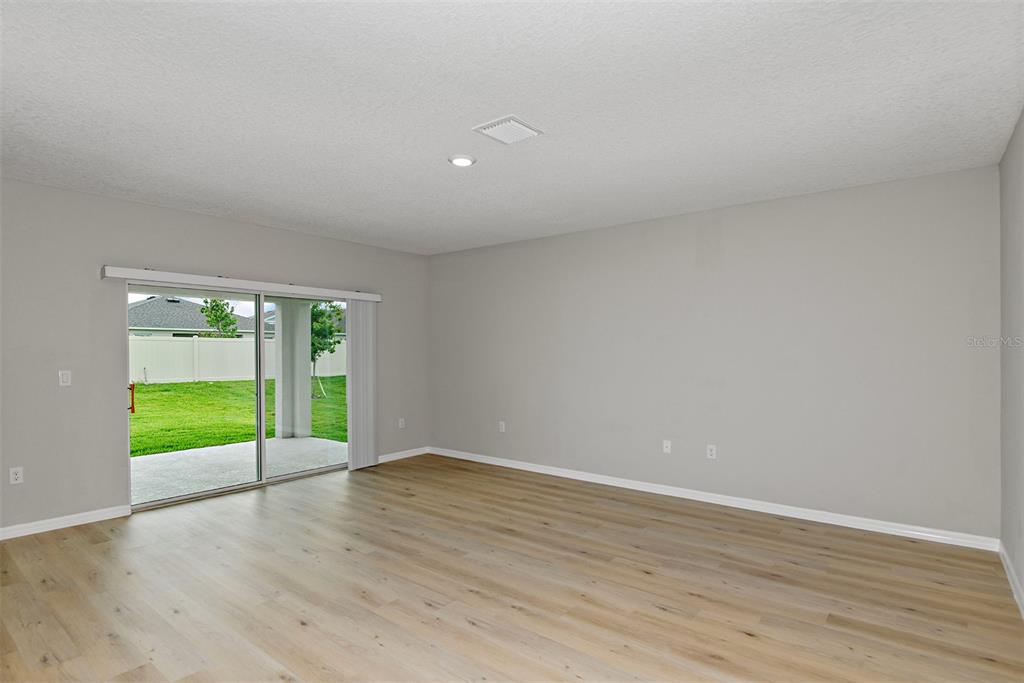 An empty room with light wood-look flooring, gray walls, and a sliding glass door — 34993 ARBOR RETREAT DRIVE, DADE CITY, FL
