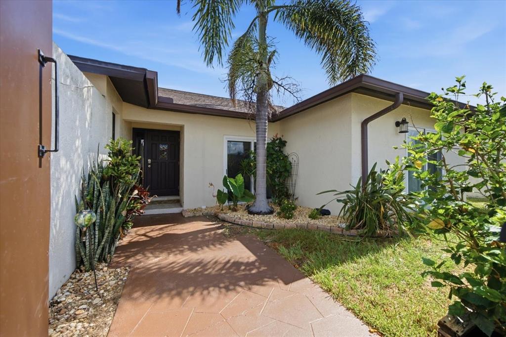 A paved walkway leads to the front entrance of a house with a palm tree — 13510 AVISTA DRIVE, TAMPA, FL