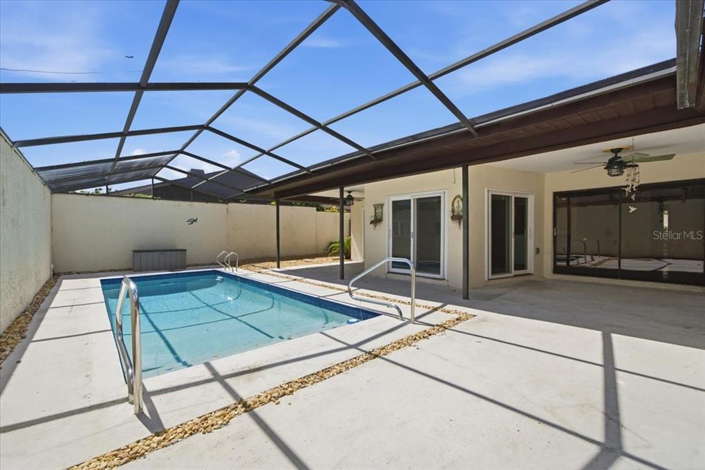 A screened-in patio features a rectangular swimming pool with a metal handrail and concrete decking — 13510 AVISTA DRIVE, TAMPA, FL