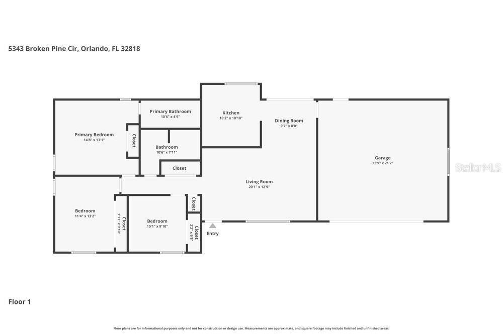 This is a floor plan for a single-story house with three bedrooms and a garage — 5343 BROKEN PINE CIRCLE, ORLANDO, FL