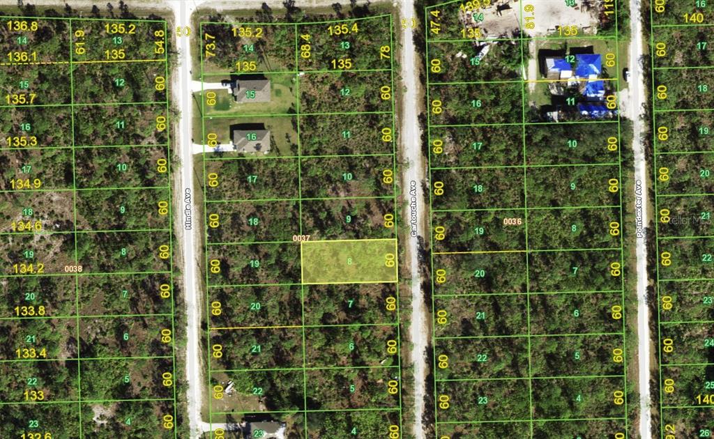 This is an aerial map showing a grid of residential lots and streets — 12303 CARTOUCHE AVENUE, PUNTA GORDA, FL