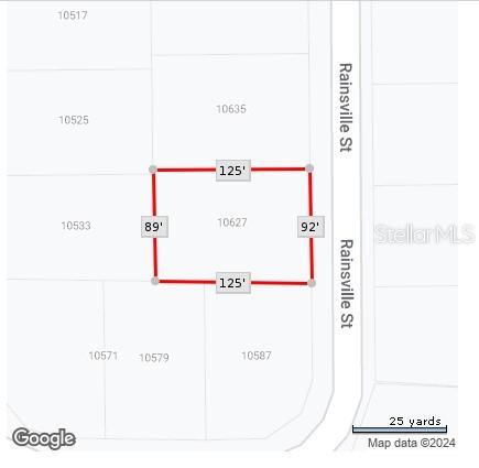 This is a map showing the property boundaries and dimensions of a rectangular residential lot — 10627 RAINSVILLE STREET, PORT CHARLOTTE, FL