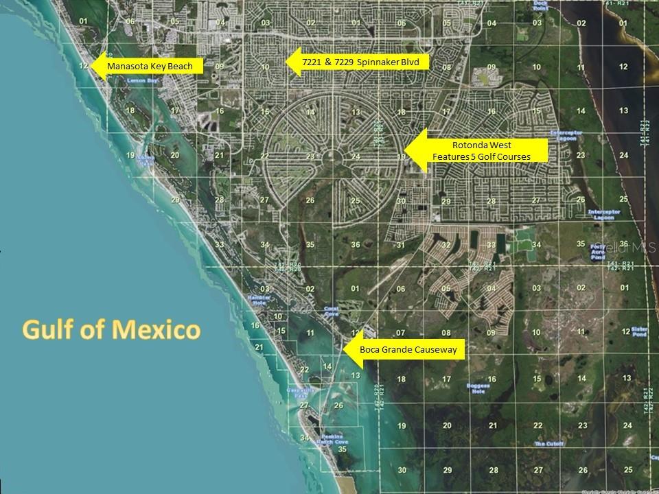 This map shows the location of a property in relation to Rotonda West and beaches — 7221 and 7229 SPINNAKER BOULEVARD, ENGLEWOOD, FL