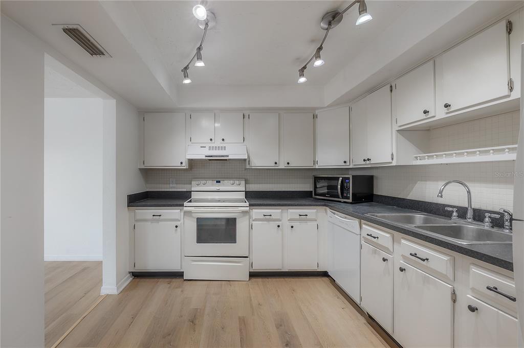 A kitchen features white cabinets, a double-basin stainless steel sink, and a white refrigerator — 4681 1ST STREET NE UNIT 209, ST PETERSBURG, FL