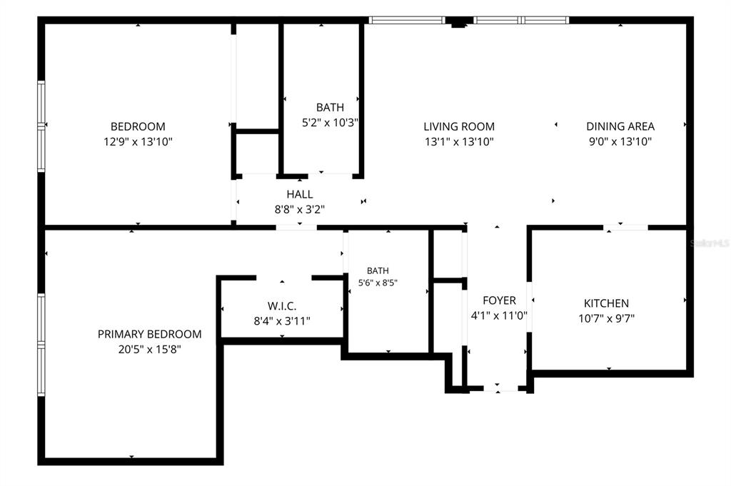 This is a floor plan showing a two-bedroom apartment with two bathrooms and a kitchen — 4681 1ST STREET NE UNIT 209, ST PETERSBURG, FL
