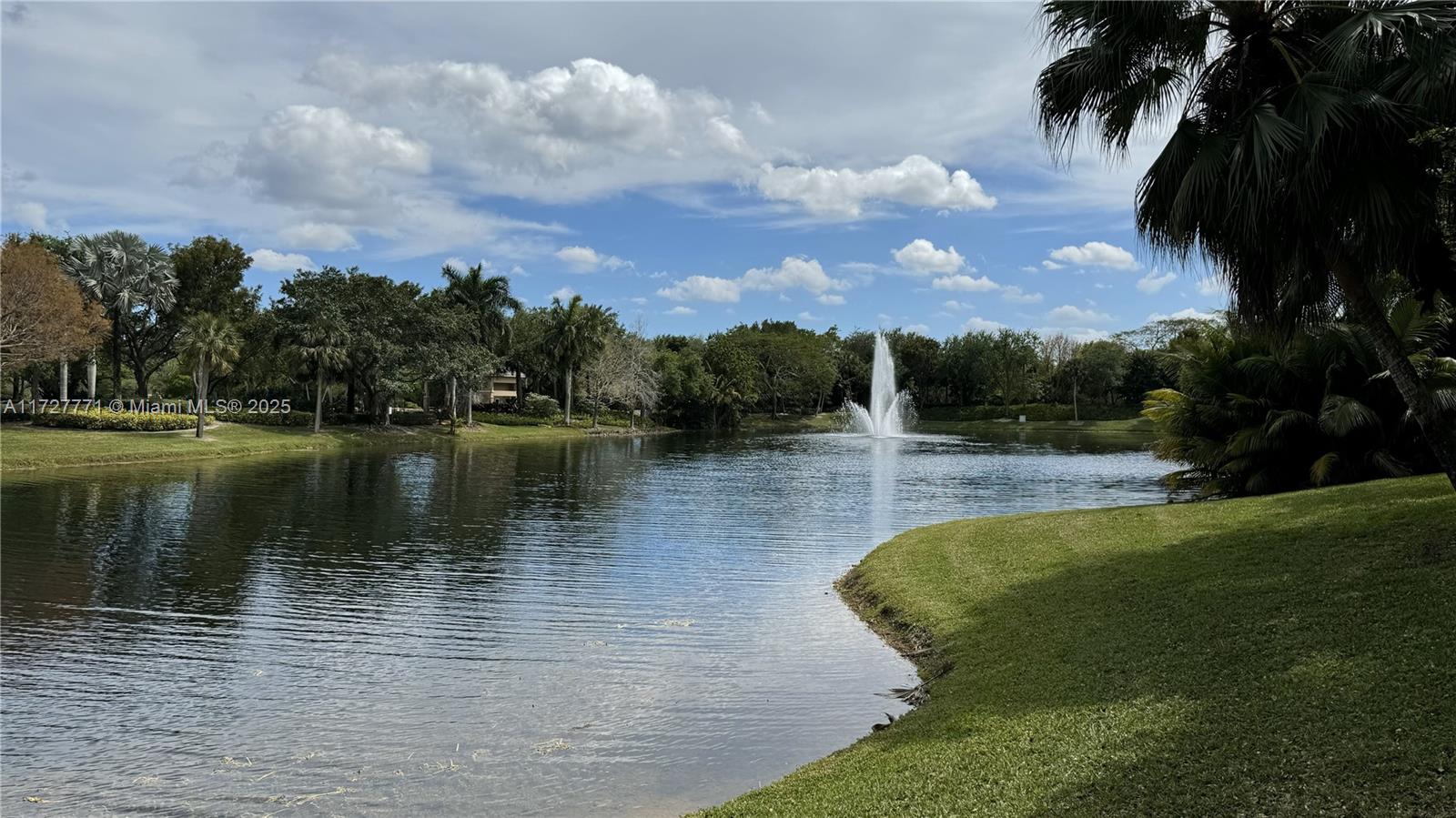 A scenic view of a lake with a fountain surrounded by trees and grassy banks — 7700 S Woodridge Dr, Parkland FL 33067, PARKLAND, FL