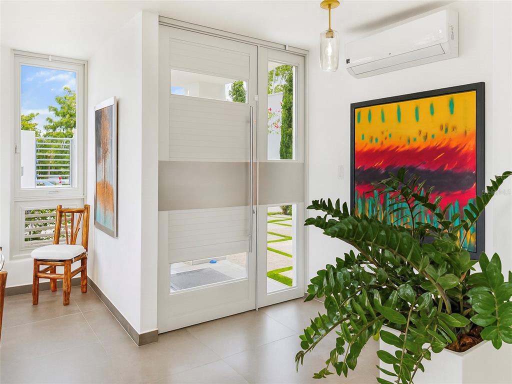 A bright entryway features a modern white door, a large colorful painting, and a plant — SR-830 Int LA FLORESTA SECTOR Lot 3, BAYAMON, PR
