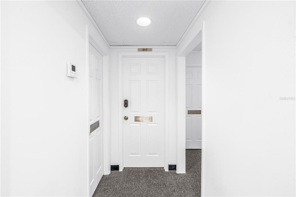 A white interior hallway features a central door labeled 217 and gray carpeting — 1960 STICKNEY POINT ROAD UNIT 217, SARASOTA, FL