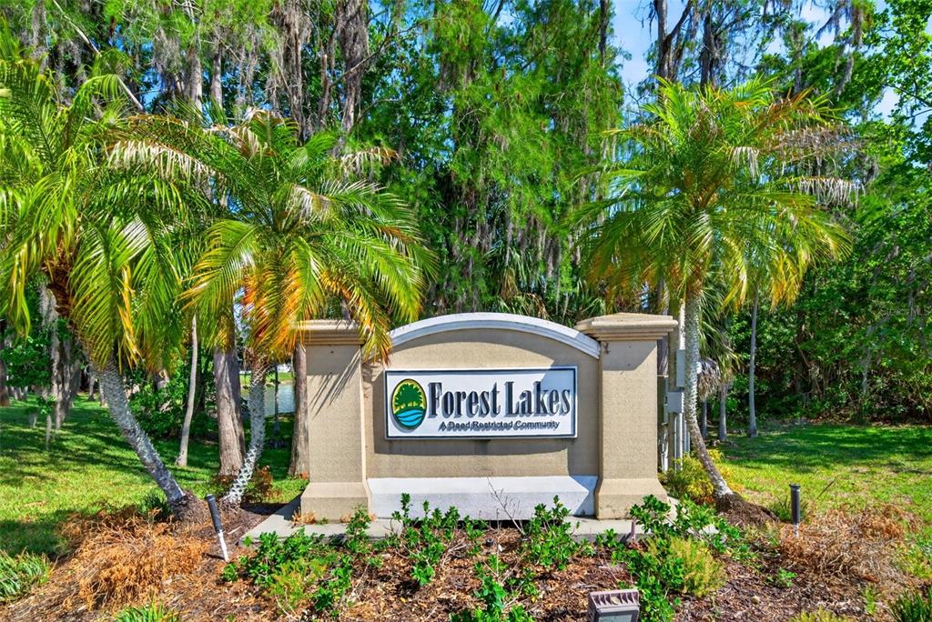A beige monument sign for Forest Lakes stands outdoors surrounded by palm trees and greenery — 549 LONGWOOD CIRCLE, OLDSMAR, FL