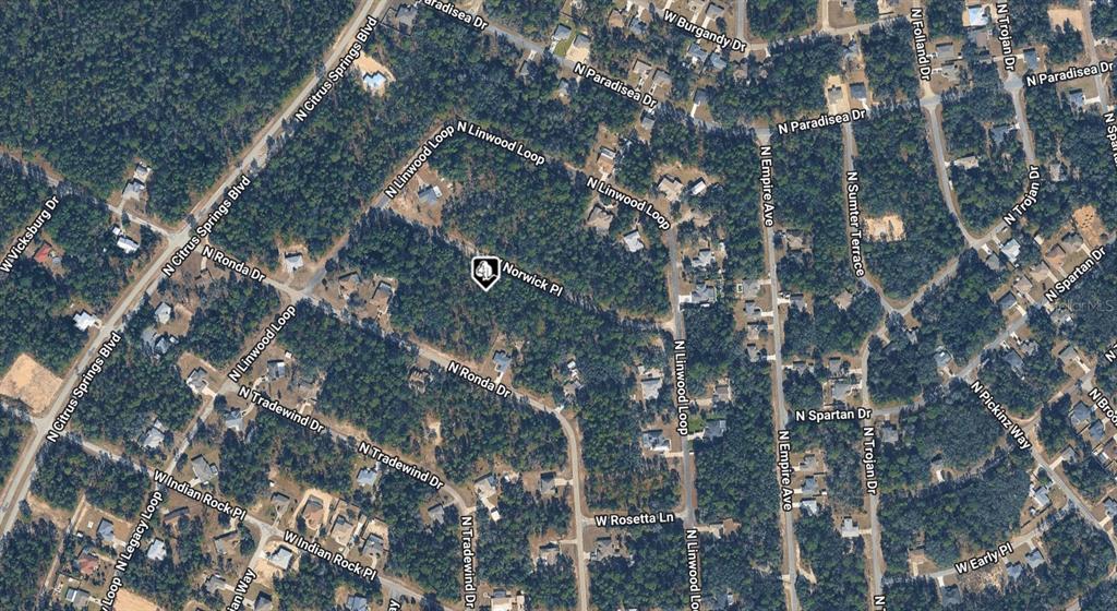 This is an aerial map view of a residential neighborhood with wooded lots and streets — 3690 W NORWICK PLACE, DUNNELLON, FL