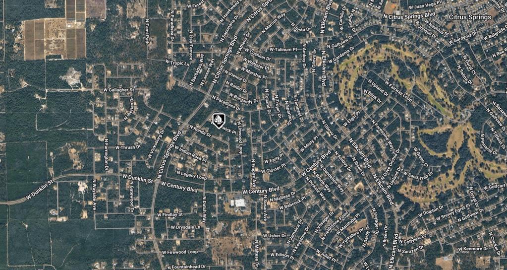 This is an aerial map view of a residential neighborhood in Citrus Springs — 3690 W NORWICK PLACE, DUNNELLON, FL