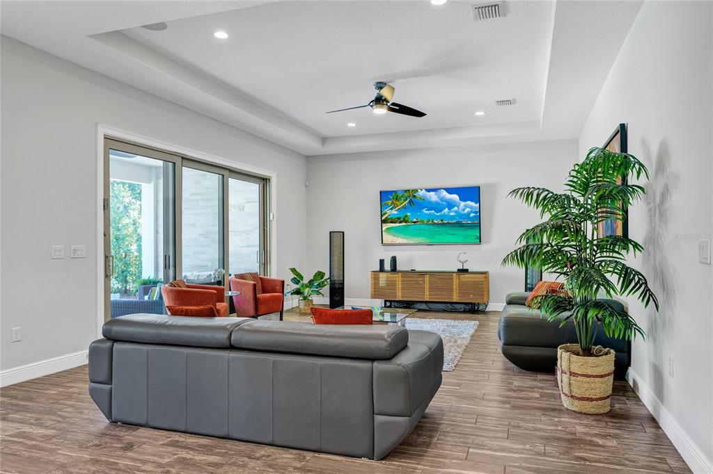 A living room features a grey sofa, a wooden media console, and a large potted plant — 15625 SYLVESTER PALM DRIVE, WINTER GARDEN, FL