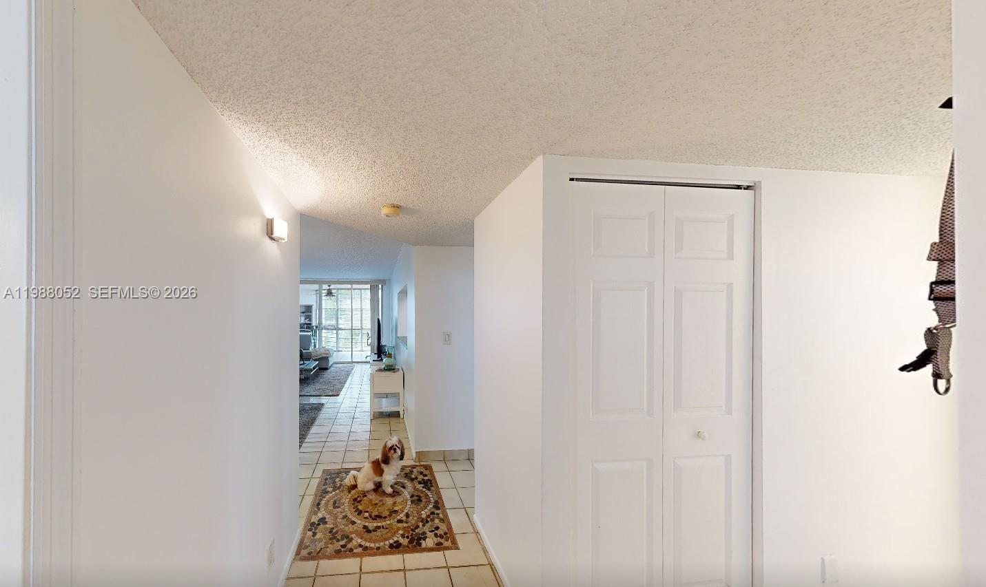 A white hallway with a tiled floor leads to a living area with a dog — 1811 Sabal Palm Dr # 408, Davie FL 33324, DAVIE, FL