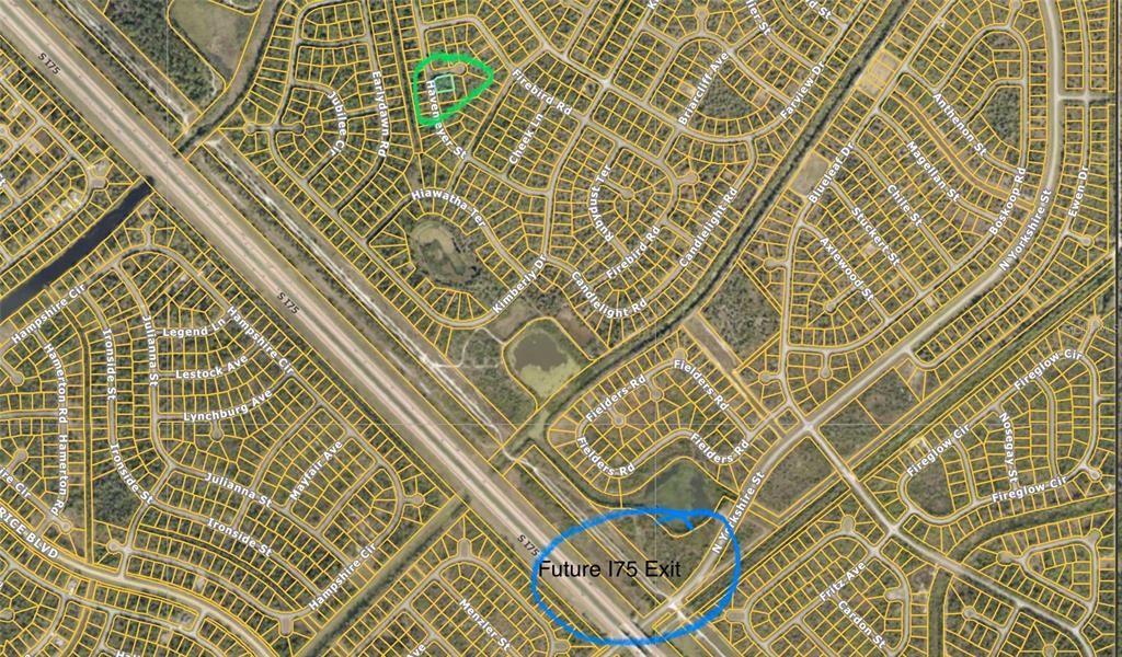 This is an aerial map showing residential streets and a future highway exit location — BOLUS, NORTH PORT, FL