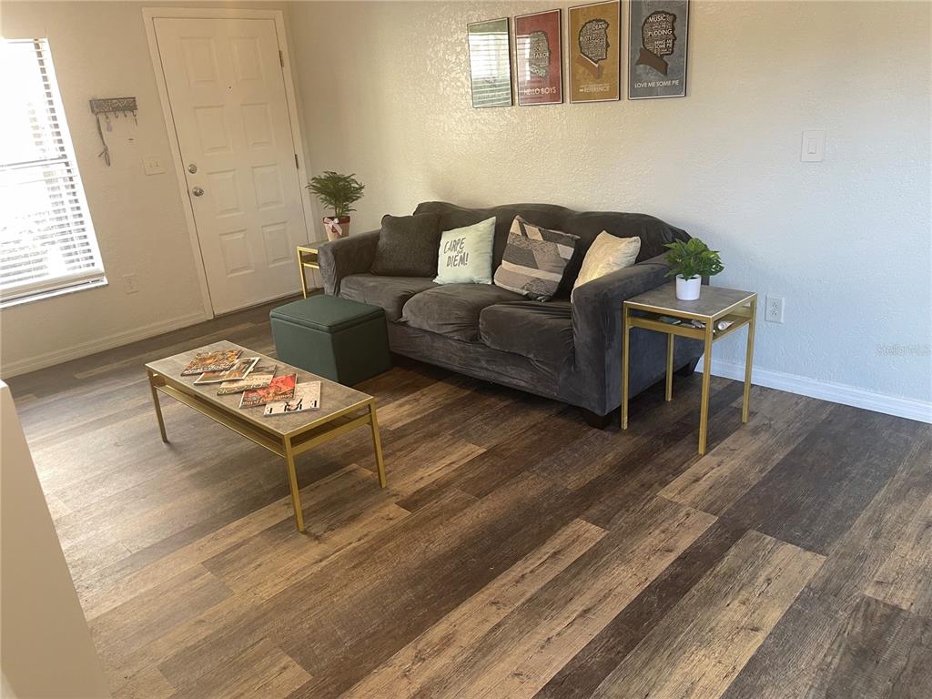 A living room features a gray sofa, a coffee table, and wood-look flooring — 4025 ANGEL OAK COURT UNIT 103, TAMPA, FL