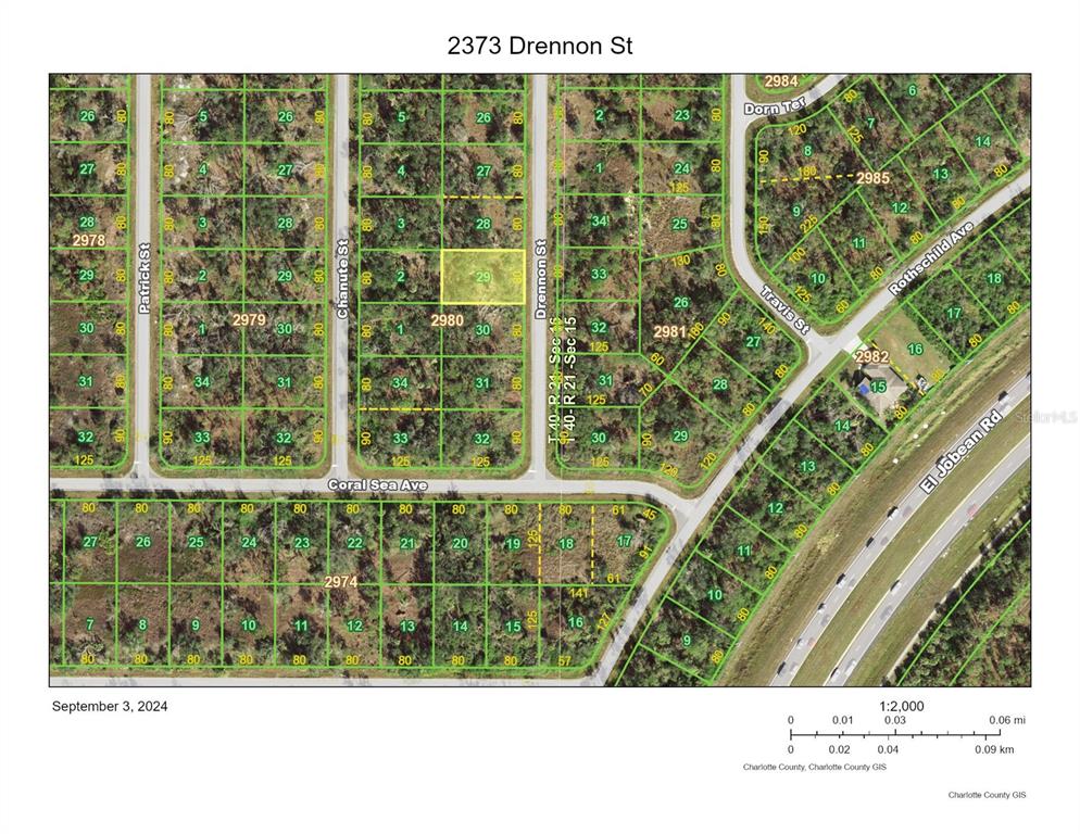 This is a land survey map showing property lot lines and street layouts — 2373 DRENNON STREET, PORT CHARLOTTE, FL