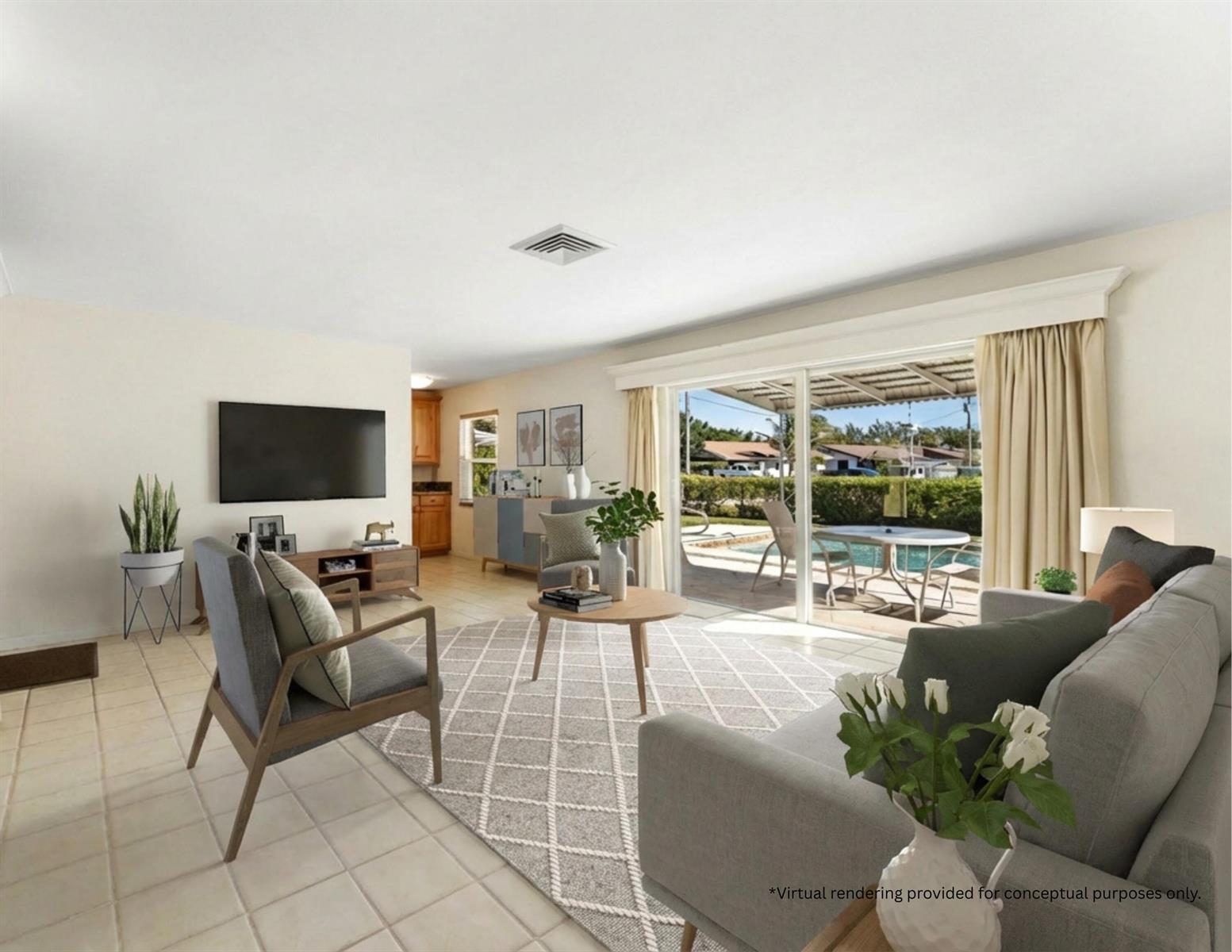 This virtual rendering shows a living room with tile floors, a sliding glass door, and pool view — 1812 High Ridge Road, Lake Worth FL 33461, LAKE WORTH, FL