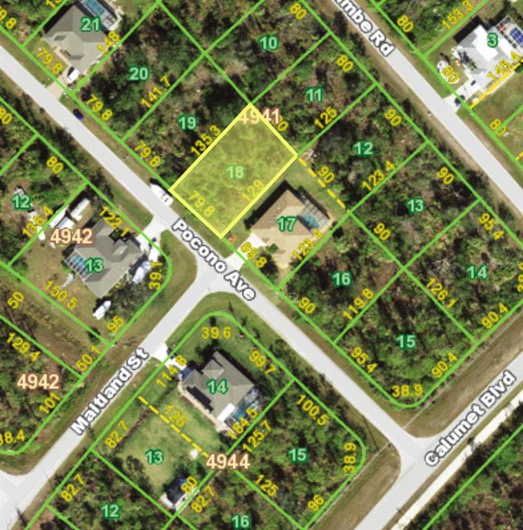 This is a satellite map showing property lot lines and parcel numbers in a residential neighborhood — 14400 POCONO AVENUE, PORT CHARLOTTE, FL