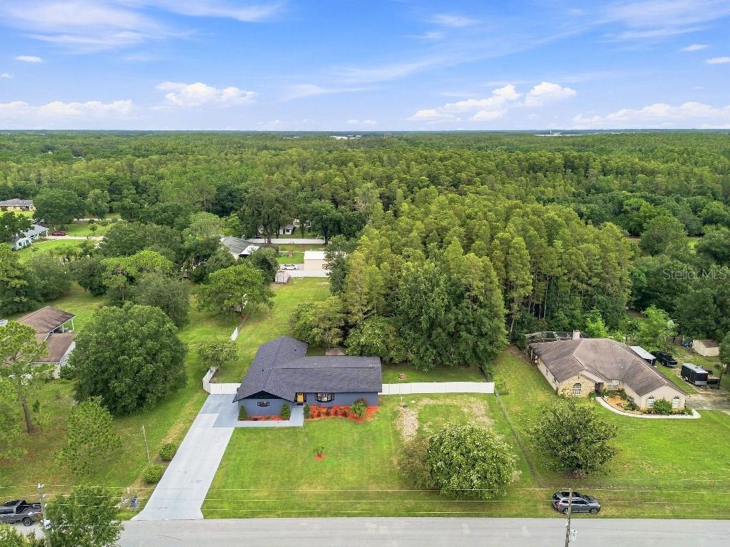 An aerial view shows a blue house with a dark roof surrounded by green lawns — 17933 EAGLE LANE, LUTZ, FL