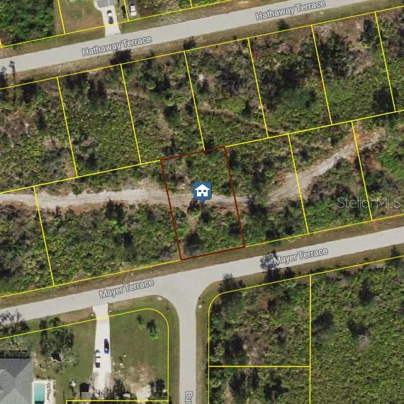 This is an aerial map view of a vacant residential lot between two streets — 12364 MAYER TERRACE, PORT CHARLOTTE, FL