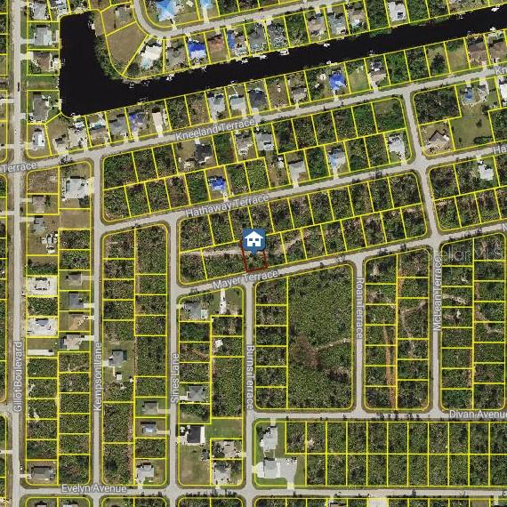 This is an aerial map showing a vacant residential lot highlighted with a house icon — 12364 MAYER TERRACE, PORT CHARLOTTE, FL
