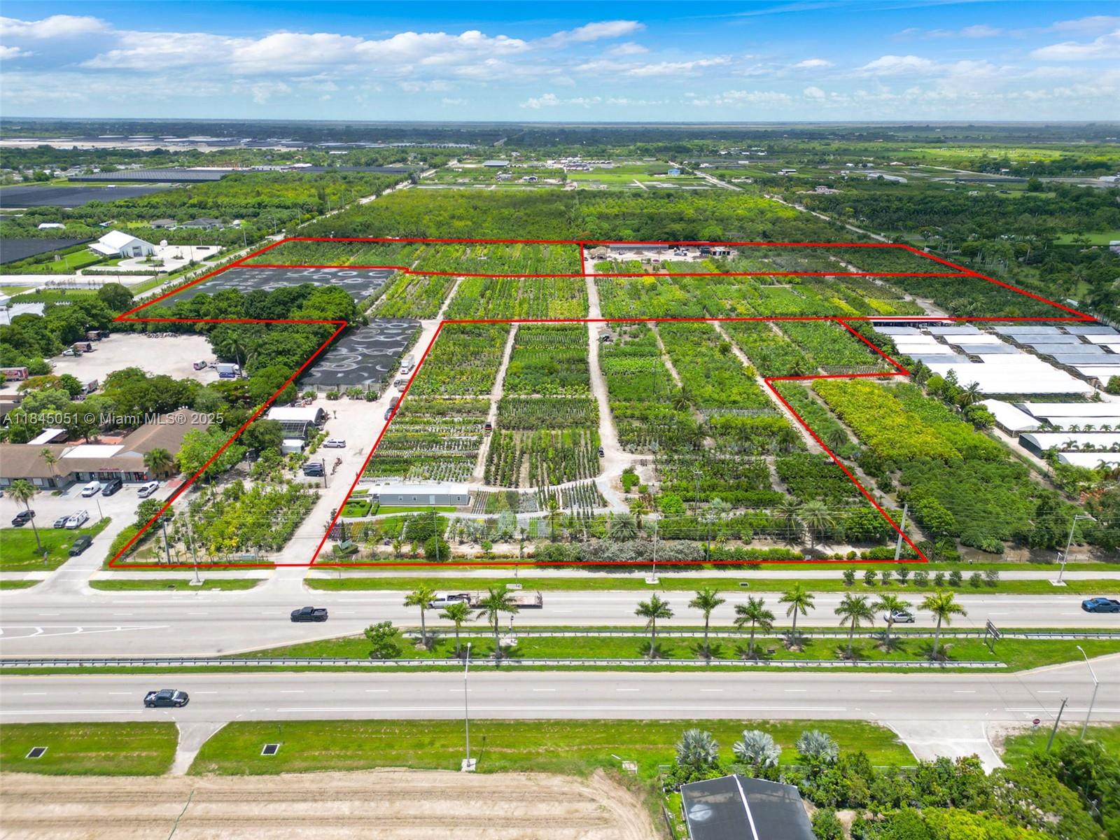 An aerial view shows a large commercial nursery property outlined in red along a highway — 19000 SW 177th Ave KROME, Miami FL 33187, MIAMI, FL
