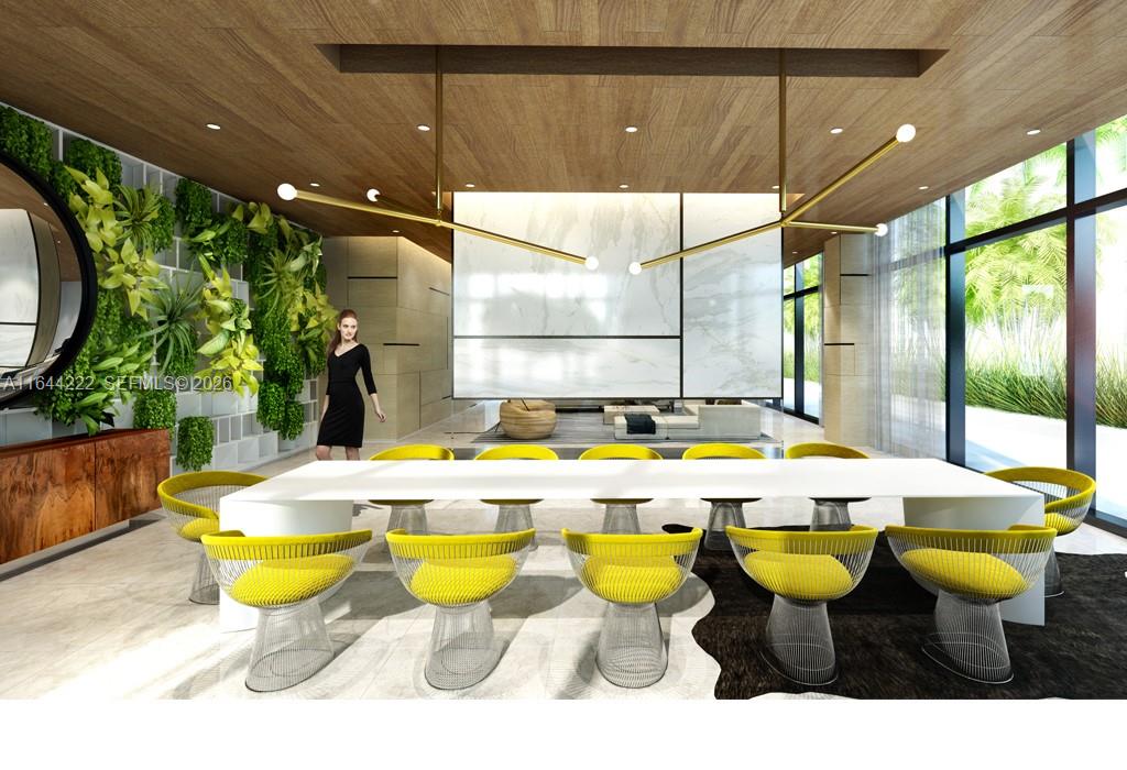 This rendering shows a modern dining room with yellow chairs, a long table, and greenery — 45 SW 9th St # 1005, Miami FL 33130, MIAMI, FL