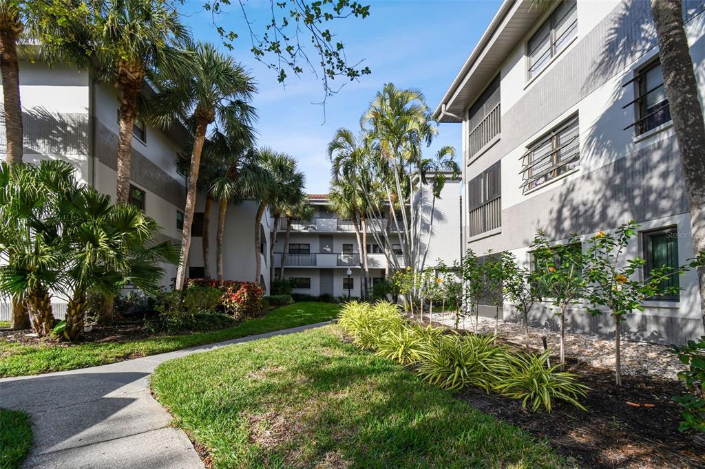 A paved walkway leads through a landscaped courtyard between two multi-story apartment buildings with palms — 2650 COUNTRYSIDE BOULEVARD UNIT C309, CLEARWATER, FL