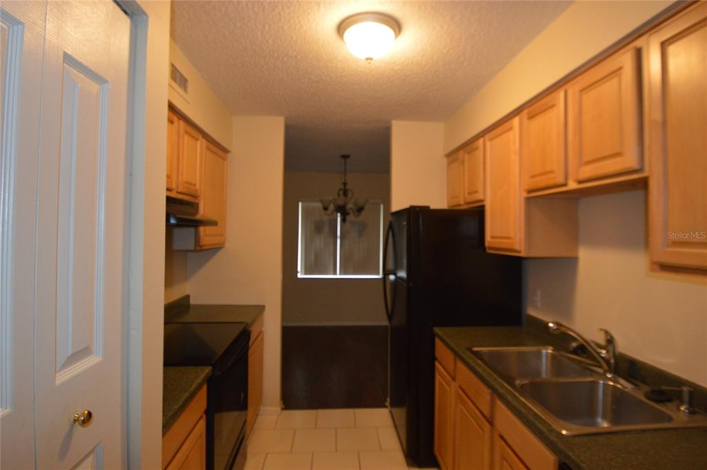 A galley kitchen features light wood cabinets, green countertops, and black appliances — 7509 PRESLEY PLACE UNIT 96, TAMPA, FL