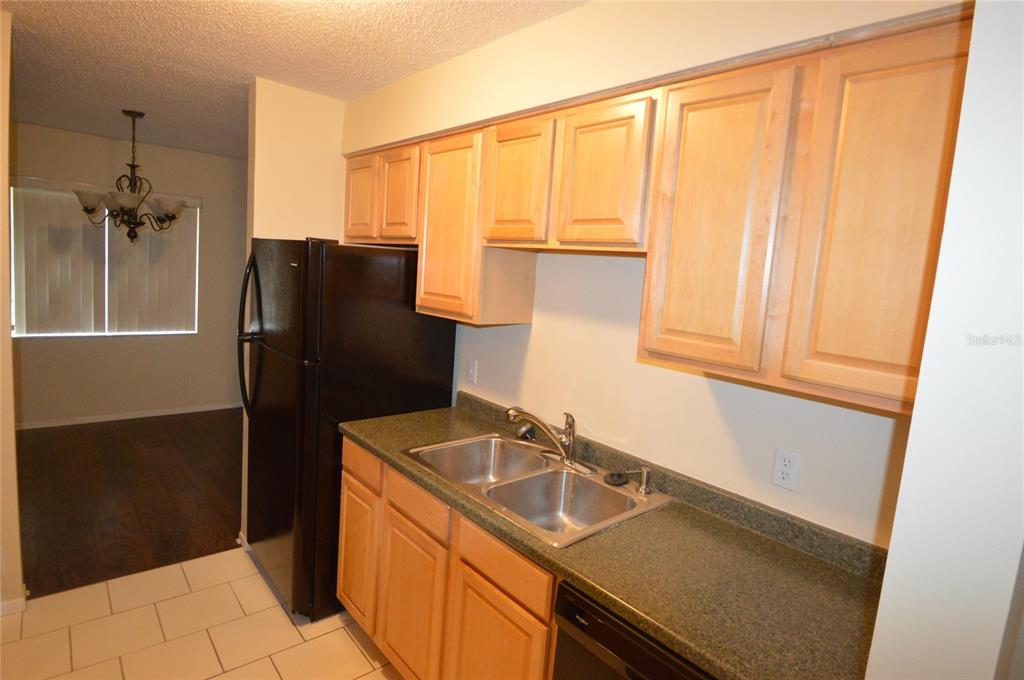 A kitchen features light wood cabinets, a black refrigerator, and a double-basin sink — 7509 PRESLEY PLACE UNIT 96, TAMPA, FL