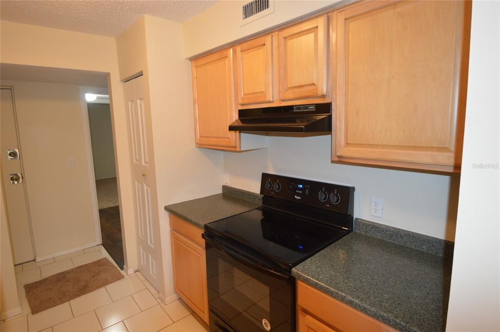 A kitchen features light wood cabinets, dark countertops, and a black electric range — 7509 PRESLEY PLACE UNIT 96, TAMPA, FL