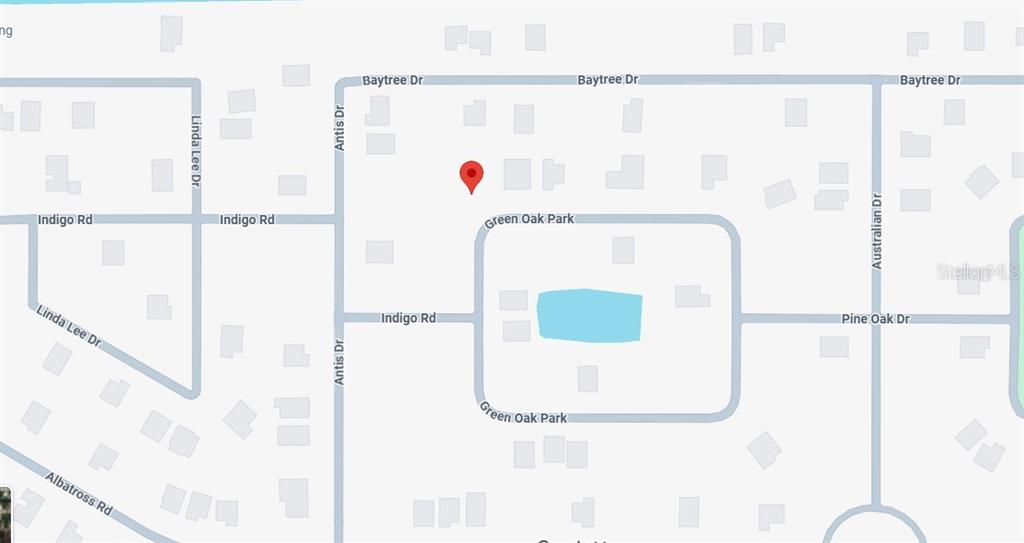 This is a map showing residential streets and a park with a pond — 108 GREEN OAK PARK, ROTONDA WEST, FL