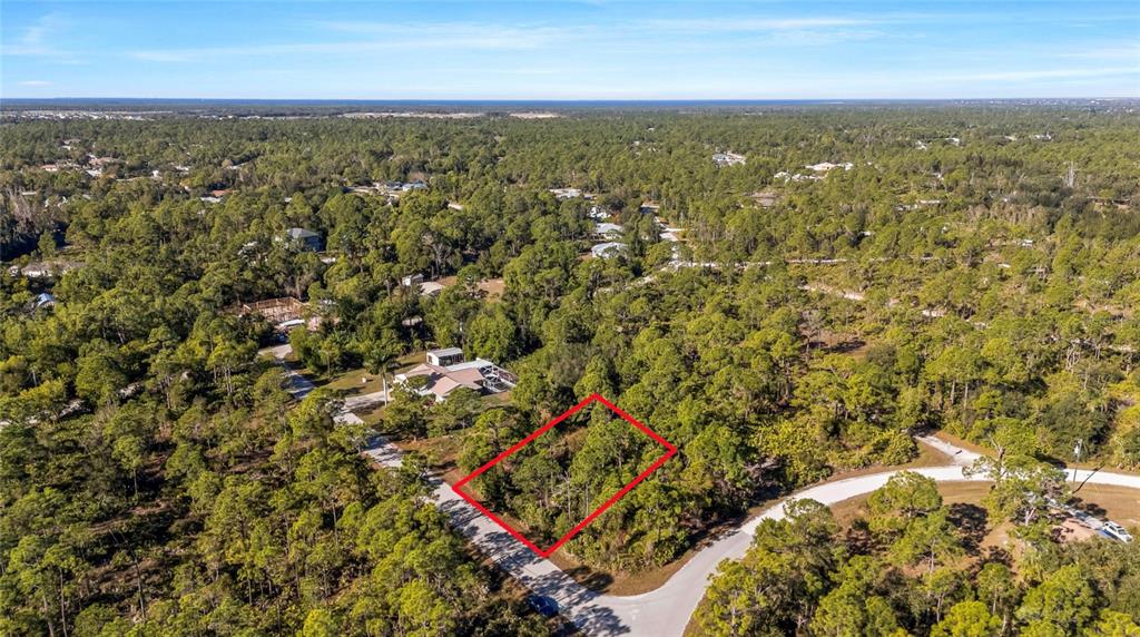 An aerial view shows a rectangular vacant lot outlined in red within a wooded area — 28118 INCHON AVENUE, PUNTA GORDA, FL