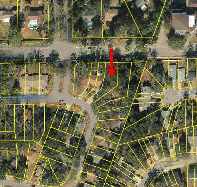 This is an aerial map showing property lot lines and a red arrow indicating a parcel — 7520 COLONY COVE LANE, JACKSONVILLE, FL
