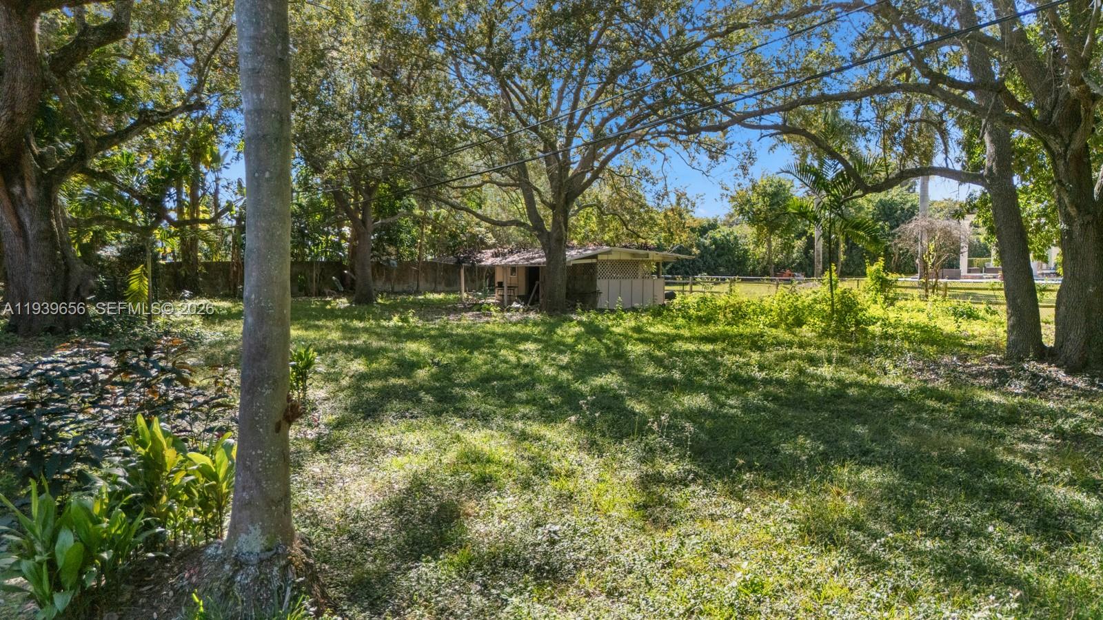 A grassy backyard features mature trees, a small shed, and a perimeter fence — 13500 SW 68th Ct, Pinecrest FL 33156, PINECREST, FL