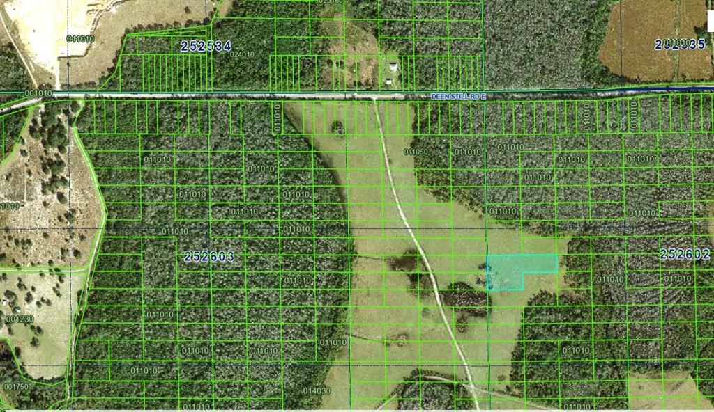 This is a satellite map showing property parcel boundaries and a highlighted lot — DEEN STILL ROAD E, POLK CITY, FL