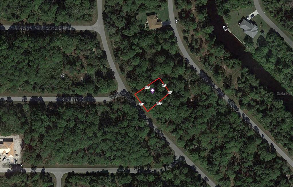 This is an aerial map showing a vacant, wooded residential lot outlined in red — 362 BINNEY LANE, PORT CHARLOTTE, FL