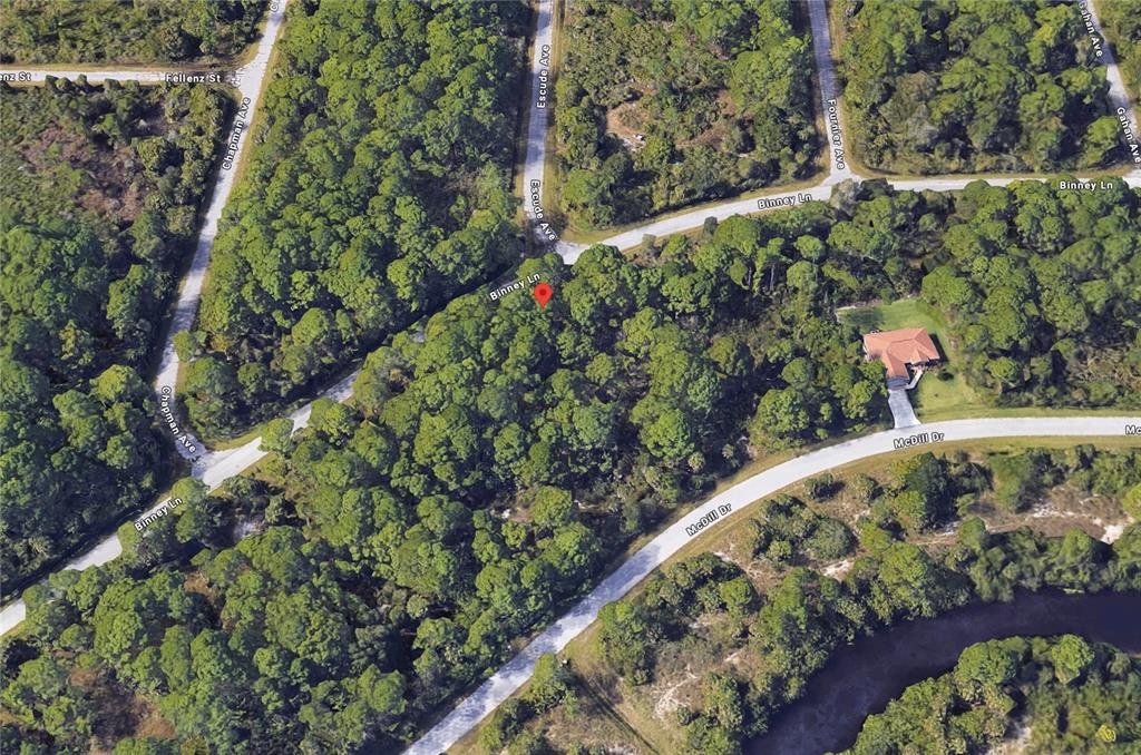 This is an aerial map view of a wooded residential area with intersecting streets — 362 BINNEY LANE, PORT CHARLOTTE, FL