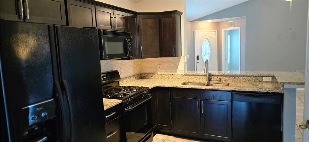 A kitchen features dark wood cabinets, granite countertops, black appliances, and a stainless steel sink — 3412 PALM BEACH DRIVE, VALRICO, FL