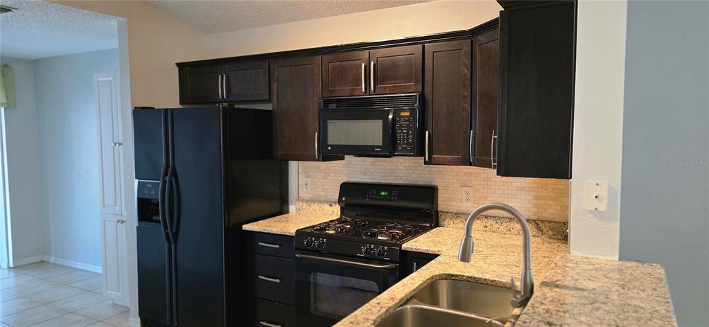 A kitchen features dark wood cabinets, granite countertops, a black refrigerator, and a stainless steel sink — 3412 PALM BEACH DRIVE, VALRICO, FL