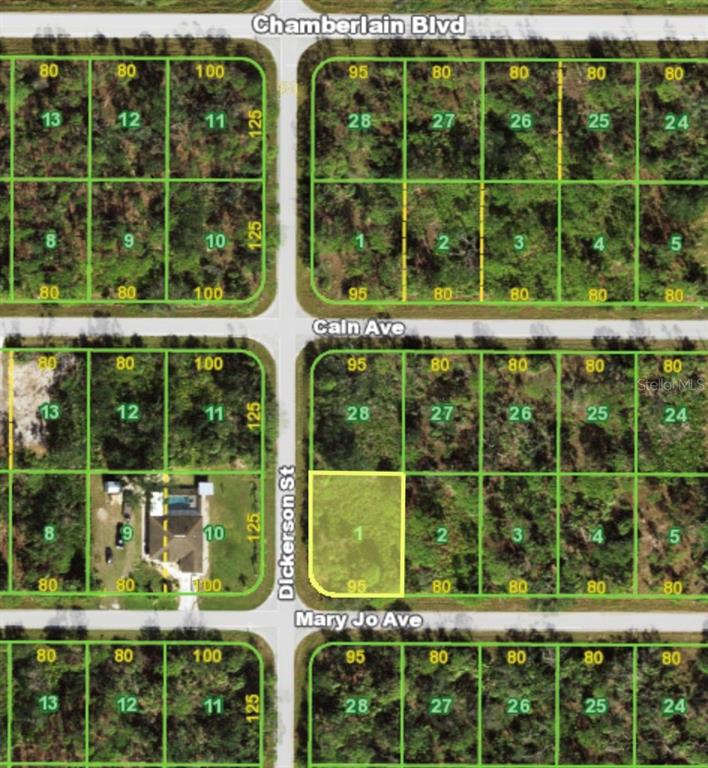 This is a satellite map showing residential land lots with street names and dimensions — 14084 MARY JO AVENUE, PORT CHARLOTTE, FL