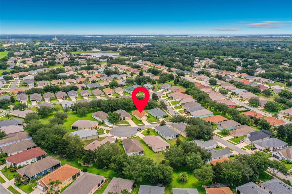 An aerial view shows a residential neighborhood with a red location pin over a house — 25206 ORMOND COURT, LEESBURG, FL