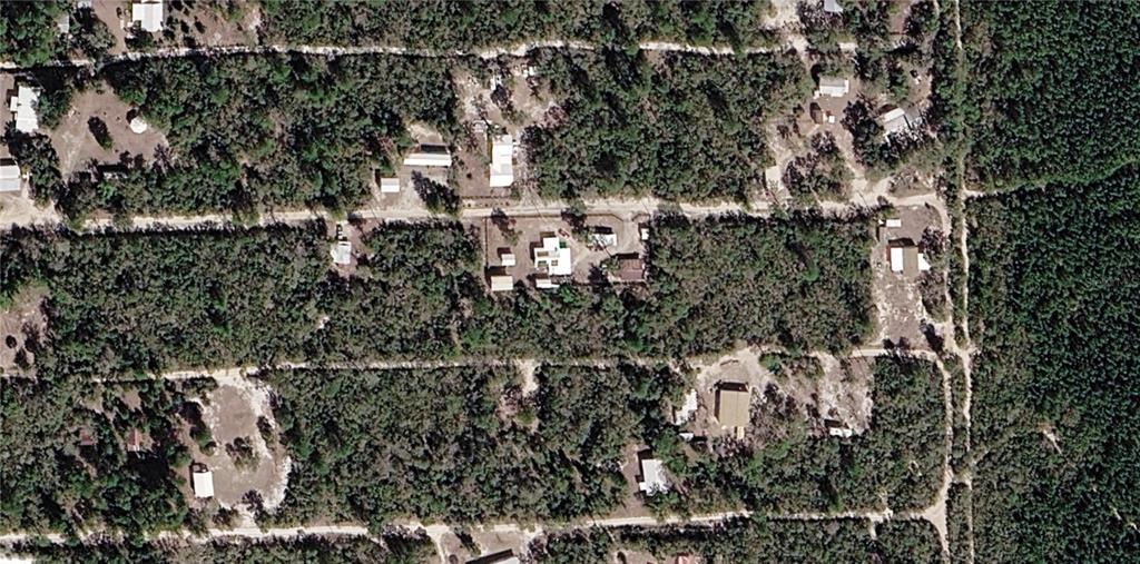 An aerial view shows several houses situated on large, wooded lots along dirt roads — X NE 234TH LANE, FORT MC COY, FL